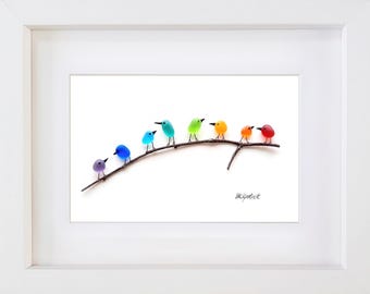 8 Rainbow Birds on Branch - Sea Glass & Driftwood Picture - Framed Handmade - Wall Art Decor
