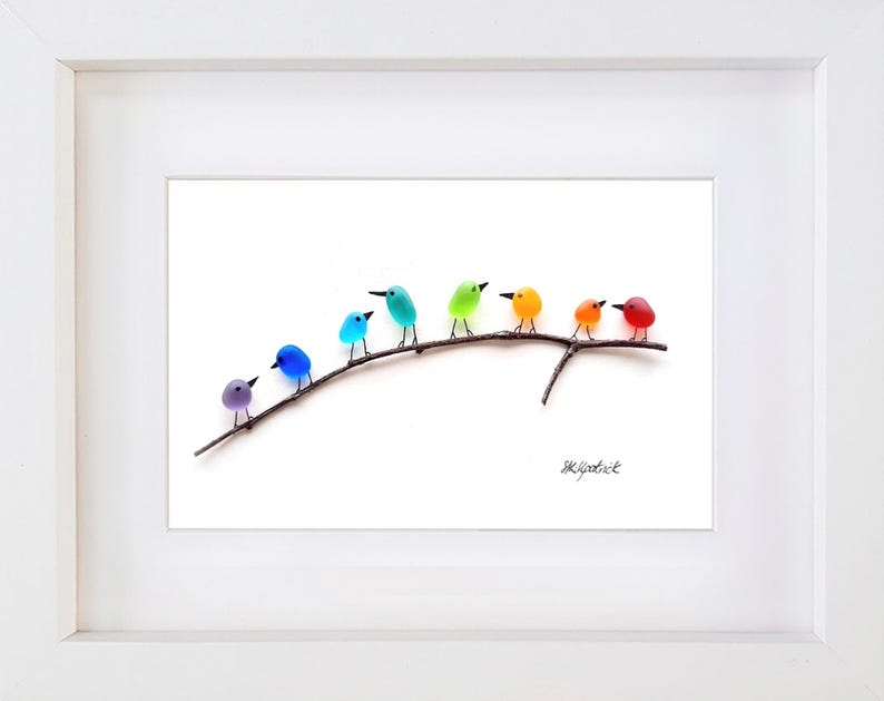 Rainbow Birds on Branch - Driftwood & Sea Glass Picture - Framed Handmade - Art Wall Decor image 3