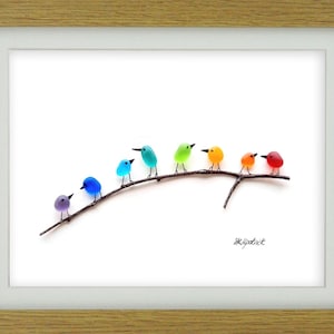 Rainbow Birds on Branch - Driftwood & Sea Glass Picture - Framed Handmade - Art Wall Decor image 5