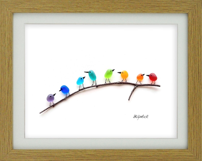 Rainbow Birds on Branch - Driftwood & Sea Glass Picture - Framed Handmade - Art Wall Decor image 5