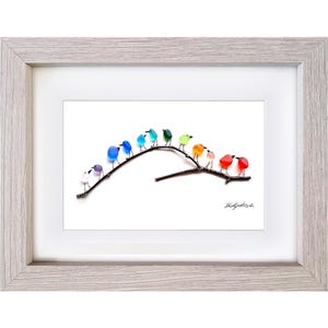 Rainbow Birds on Branch - Sea Glass & Driftwood Picture - Framed Unique Handmade - Sea Glass Art