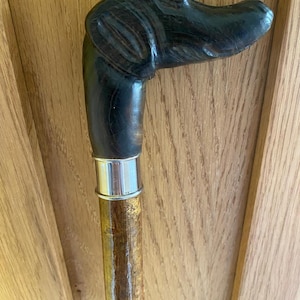 Gehstock aus Haselnussholz, Griff aus Pockholz mit verchromtem Halsband