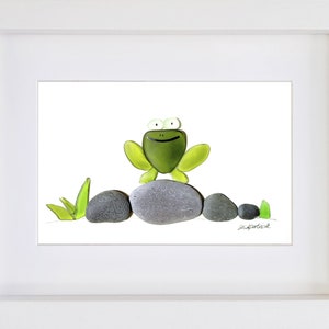 Happy Frog - Unique Pebble Art & Sea Glass Picture - Framed, Unique, Handmade - Sea Glass Art