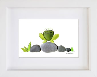 Happy Frog - Unique Pebble Art & Sea Glass Picture - Framed, Unique, Handmade - Sea Glass Art