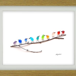 Rainbow Birds on Branch - Driftwood & Sea Glass Picture - Framed Handmade - Art Wall Decor image 4