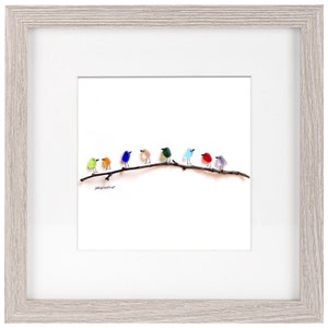 Rainbow Birds on Branch in Square Grey Frame - Sea Glass & Driftwood Picture - Framed Unique Handmade
