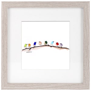 Rainbow Birds on Branch in Square Grey Frame - Sea Glass & Driftwood Picture - Framed Unique Handmade - Sea Glass Art