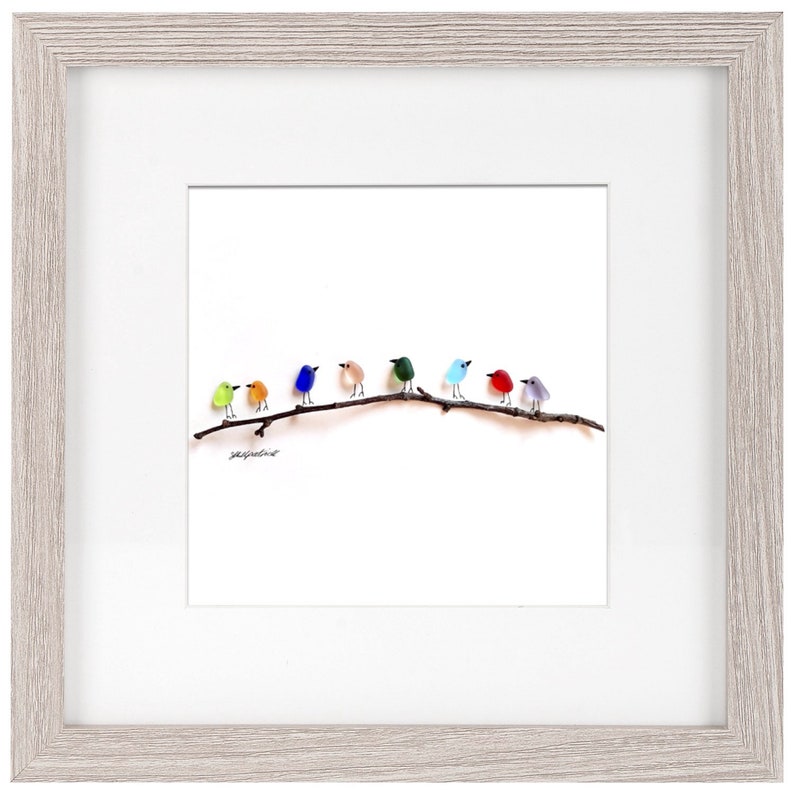 Sea Glass Birds Rainbow Birds on Branch in Square Grey Frame Sea Glass & Driftwood Picture Framed Unique Handmade Sea Glass Art image 1