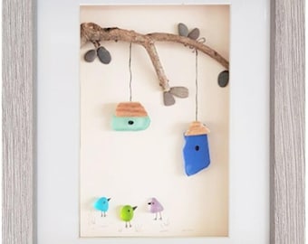 Vogelhuisjes - Pebble Art & zeeglasfoto - ingelijste handgemaakte wanddecoratie