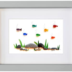 Sea Glass Art - Rainbow Fish - Seaglass Picture - Framed Handmade - Gift Wall Decor