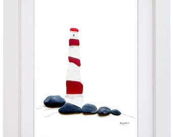 Lighthouse - Pebble Art Sea Glass Picture - Framed Unique Handmade *Red & White Lighthouse* - Original Sea Glass Art Wall Decor