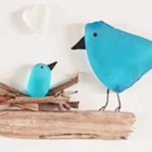 Nestelende vogels (blauw) - foto zeeglas en drijfhout - ingelijst uniek handgemaakt - zeeglasmuur