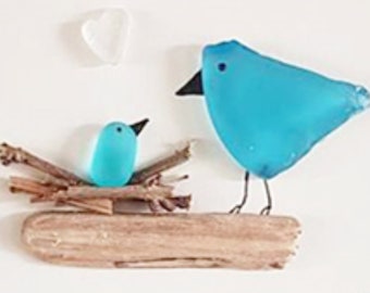 Pebble Art & Sea Glass Picture - Framed Unique Handmade *Nesting Birds (Blue)*