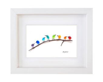 Rainbow Birds on Branch - Sea Glass & Driftwood Picture - Framed Unique Handmade - Sea Glass Art