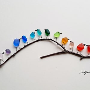 Rainbow Birds on Branch Sea Glass & Driftwood Picture Framed Unique Handmade Sea Glass Art image 7