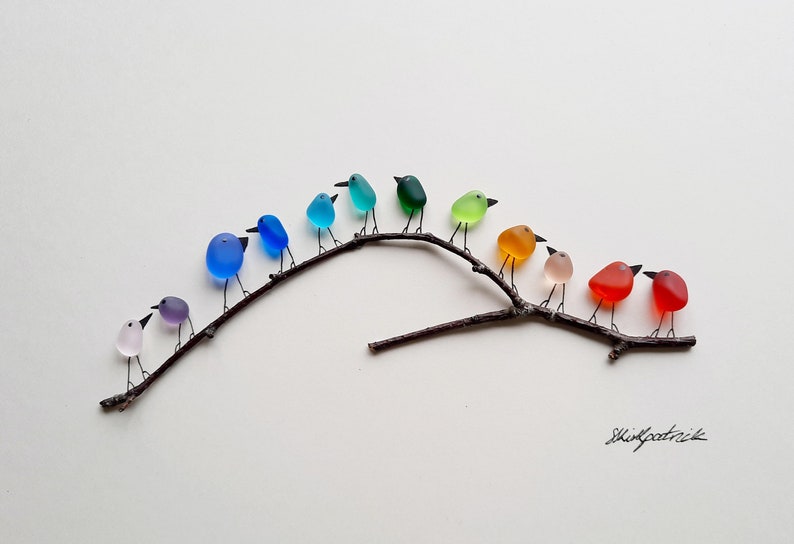 Rainbow Birds on Branch Sea Glass & Driftwood Picture Framed Unique Handmade Sea Glass Art image 7