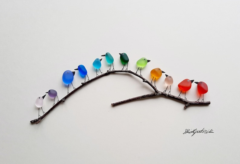 Rainbow Birds on Branch Sea Glass & Driftwood Picture Unframed Unique
