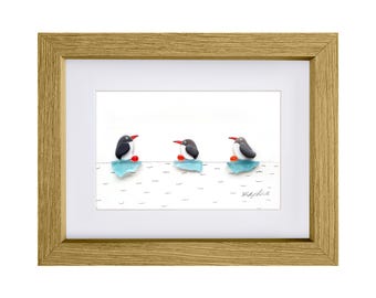 ペンギン - 小石アート＆シーグラス絵画 - 手作りの額入りペンギン