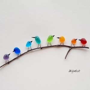 Rainbow Birds on Branch Mothers Day Gift - Sea Glass & Driftwood Picture - Framed Unique Handmade - Sea Glass Art - Gift wrapped