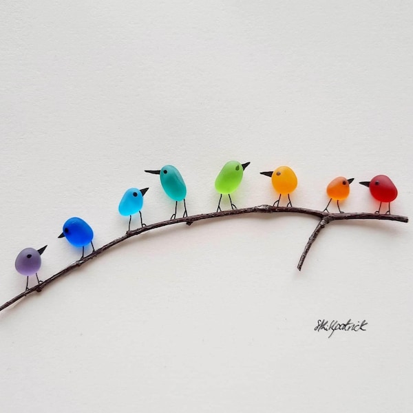 Pájaros arcoíris en una rama - Regalo para el Día de la Madre - Cuadro de vidrio marino y madera flotante - Arte artesanal enmarcado - Regalo para mamá