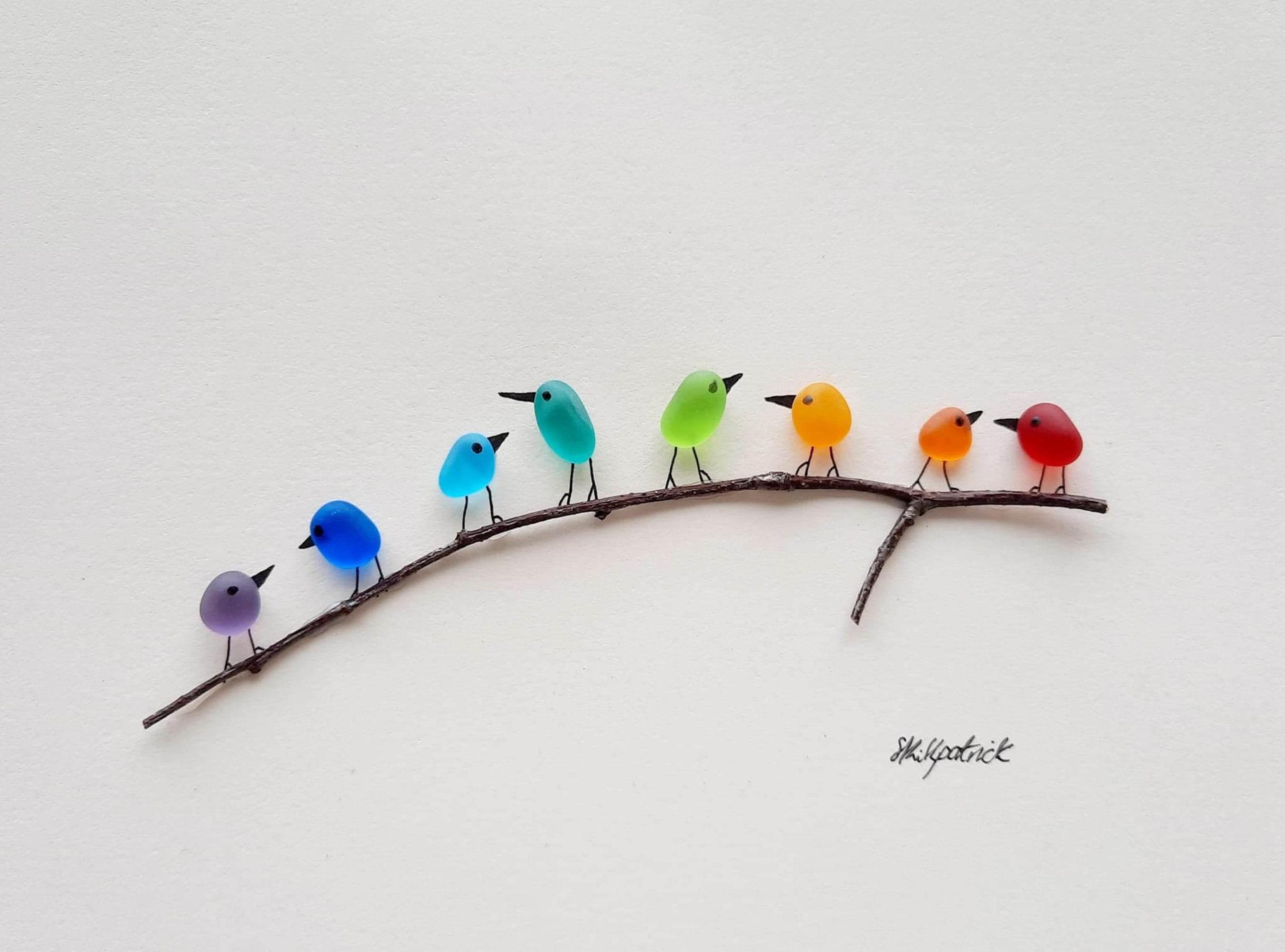 枝にとまる虹色の鳥たち 母の日ギフト - シーグラスと流木の絵 - 額 