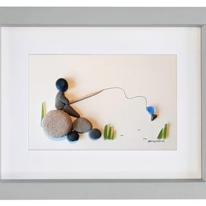 Fishing - Pebble Art & Sea Glass Picture - Framed, Unique and Handmade