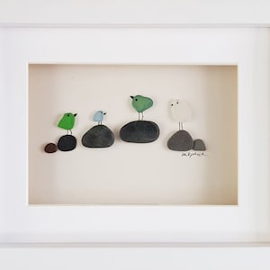 Birds on Rocks - Unique Pebble Art & Sea Glass Picture - Framed, Unique, Handmade