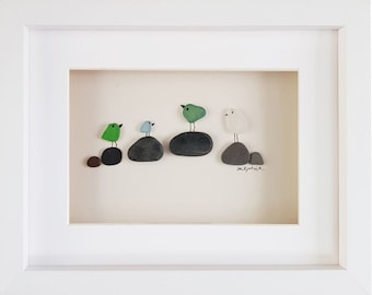 Birds on Rocks - Pebble Art & Sea Glass Picture - Framed Handmade Decor