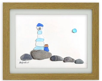 Pebble Art & Sea Glass Picture - Framed, Unique, Handmade - Original Sea Glass art - Blue Lighthouse (landscape)