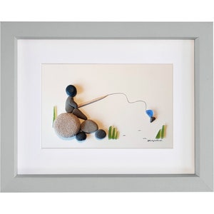 Fishing - Pebble Art & Sea Glass Picture - Framed Unique Handmade