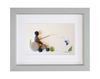 Fishing - Pebble Art & Sea Glass Picture - Framed Unique Handmade