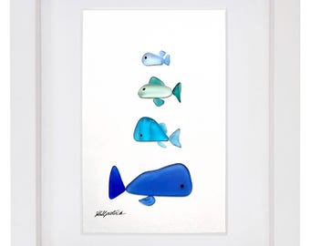 シーグラスの絵 - 手作りの額入り - アート - 魚の群れ - 壁飾り
