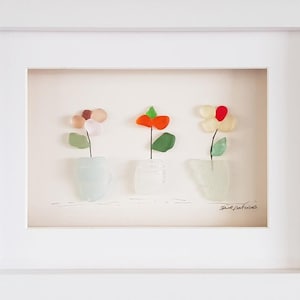 Bloemen - Pebble Art & zeeglasfoto - ingelijst, uniek en handgemaakt