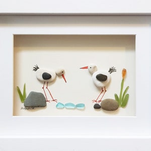 Oystercatchers - Unique Pebble Art & Sea Glass Picture - Framed, Unique, Handmade
