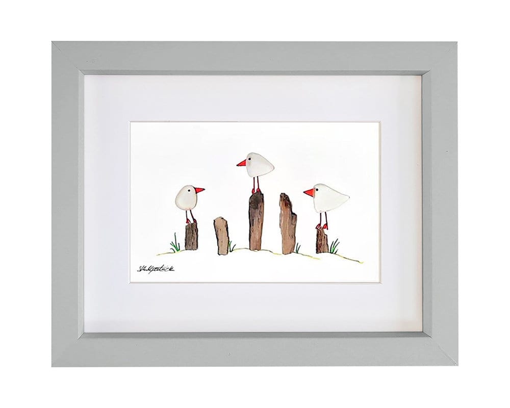 Seagulls - Unique Pebble Art & Sea Glass Picture - Framed