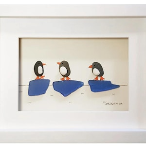 Pebble Penguins - Pebble Art & Sea Glass Picture - Penguin Art - Handmade