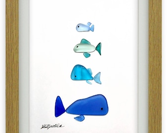 シーグラスアート　ぷうあ様 シーグラスの絵 - 手作りの額入り - アート - 魚の群れ - 壁飾り