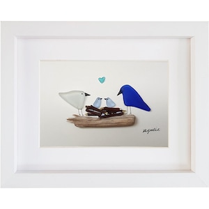 Pebble Art & Sea Glass Picture - Framed Unique Handmade *Nesting Bird Family* - Original sea glass art