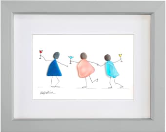 Three Friends - Pebble & Sea Glass Picture - Framed Handmade - Wall Art - Home Decor
