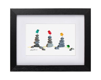 Rock Pile Birds - Sea Glass Art & Pebble Picture - Framed, Unique, Handmade