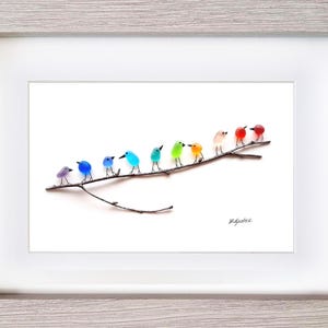 Rainbow Birds on Branch - Driftwood & Sea Glass Picture - Framed Handmade - Art Wall Decor image 8