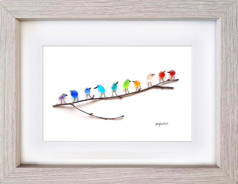Rainbow Birds on Branch - Driftwood & Sea Glass Picture - Framed Handmade - Art Wall Decor image 8