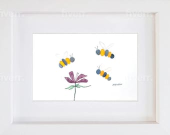 Sea Glass Bees - Sea Glass & Pebble Picture - Framed Unique Handmade - Sea Glass Art