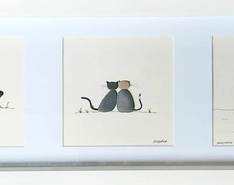 Panoramic Triple Cat- Sea Glass & Driftwood Pebble Picture - Framed Unique Handmade - Sea Glass Art