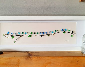 Sea Glass Art - Panoramic Sea Spray Birds - Sea Glass & Driftwood Picture - Framed Unique Handmade