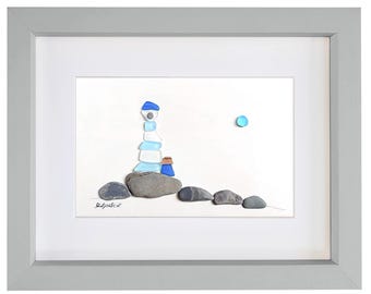Blue Lighthouse (Landscape) - Pebble Art & Sea Glass Picture - Framed, Unique, Handmade - Original sea glass art