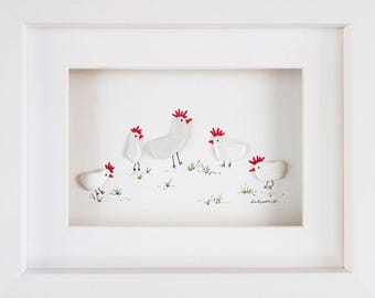 Pebble Art & Sea Glass Picture - Framed Handmade *White Chickens* Hens Chicks Cottagecore Spring Kitchen Decor