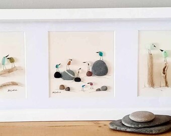 Panoramic Triple Birds- Sea Glass & Driftwood Pebble Picture - Framed Unique Handmade - Sea Glass Art