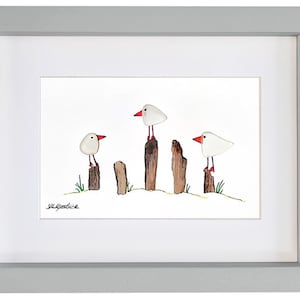 Seagulls - Unique Pebble Art & Sea Glass Picture - Framed, Unique, Handmade