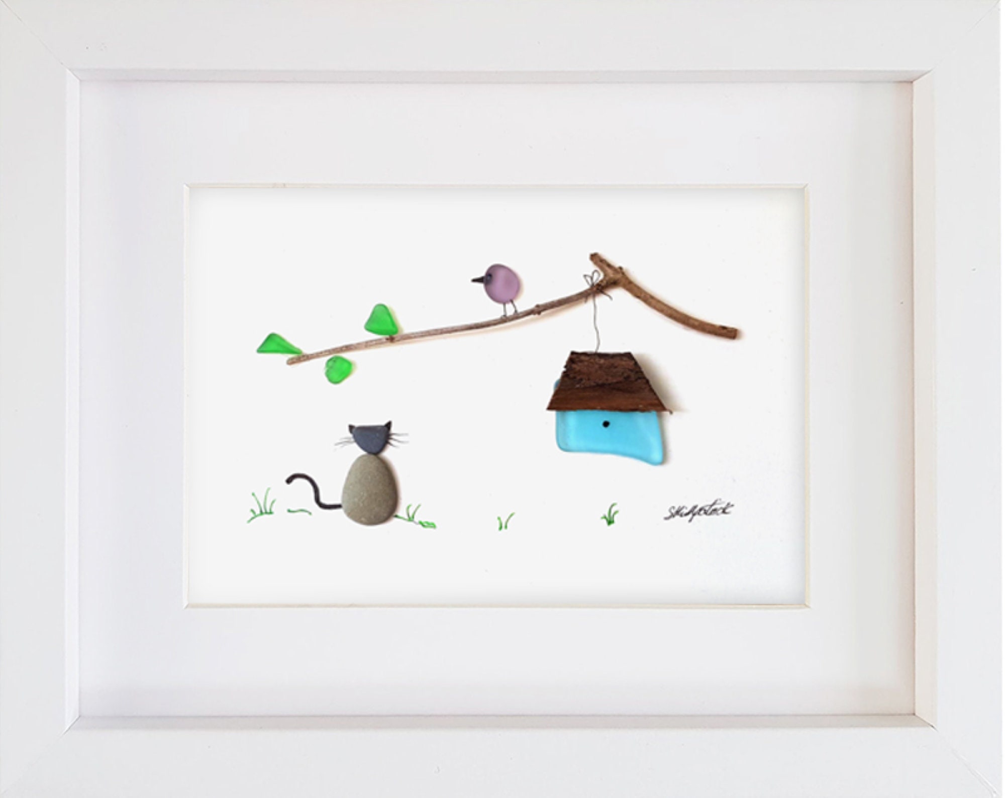 Pet Cats Cat Picture Framed Bird Watching Home Decor Personalised Framed Pebble Art Cat Lover Pebble Picture